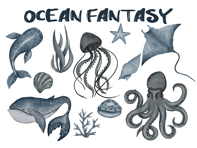 OCEAN FANTASY bitmap branding card cartoon clipart design digital art identity illustration ilustrator ocean package pattern postcard procreate vector watercolor watercolor illustration