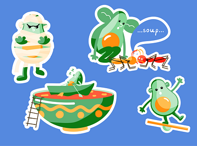 Avocado stickers action ant avocado branding character design exercice food character fruit gossip hand drawn happy hearing helloween illustration interested logo mummy sleep soup
