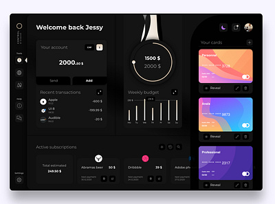 Online Banking app dashboard | Control appdesign application design banking bankingapp cards chart concept dark dark theme dark ui darkmode dashboard interface minimal modern night mode shadow ui uiux ux