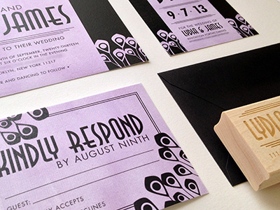Lydia Wedding Stationery Suite art deco black invitations purple rsvp save the date stationery wedding
