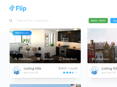 Flip floating search cards card flip listing reviews search shadows sublet