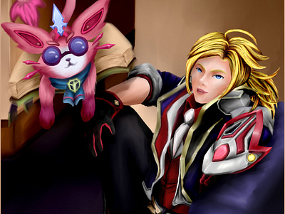 Battle Academia Ezreal and Battle Principal Yuumi Fan Art illustration league of legends