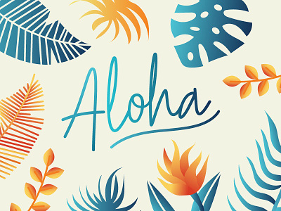 Aloha aloha blue color design heliconia illustration minimal orange palm leaf party split complimentary tropical vector