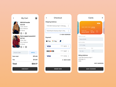 Clothes store app's credit card checkout cart checkout clothes app clothes shopping app credit card credit card checkout daily ui daily ui challenge day002 mobile app shopping app shopping cart ui ui design