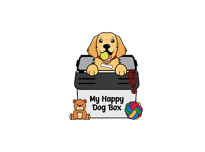 My happy Dog Box animal logo box dog logo dog toys graphicdesign happy knotenball logo design mascot logo pet logo pet shop logo pet store logo playful rubyarochonadesigns teddy vector
