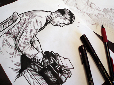 'Hustlin' drawing illustration ink pencil typewriter