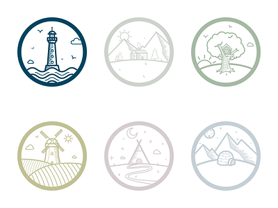 Middle Of Nowhere badge illustration landscape lighthouse treehouse windmill