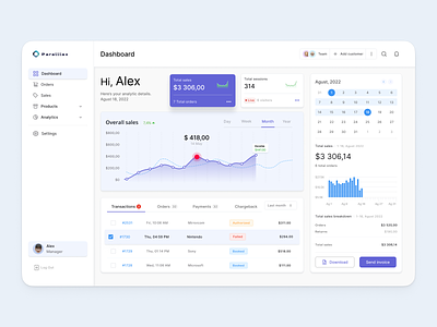 Sales Management Dashboard - Paralllax admin analytics business clean crm dashboard graph management marketplace minimalist orders product revenue sales sales report statistics transactions ui ux web