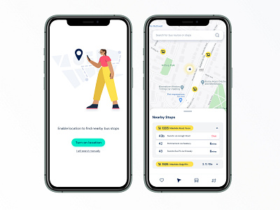 Bus Time Tracker App app app concept app design bottom navigation bus bus time dublin bus figma illustration iphone location maps minimal navigation nearby prototype public transport search tracker ui ux