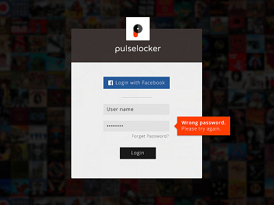 Login page design for Pulselocker facebook form login overlay pulselocker