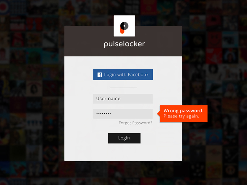 Login page design for Pulselocker facebook overlay pulselocker form login