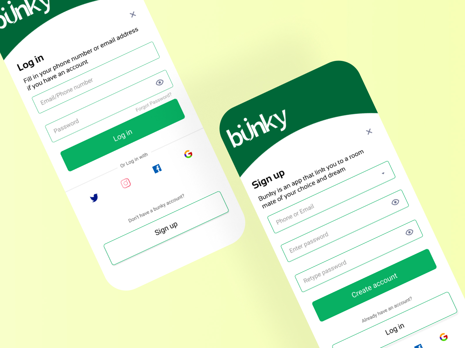 sign up/log in page for bunky by Akpuruku Godstime on Dribbble