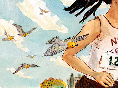 Illustration of an inspirational woman birds gouache illustration painting running