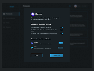 notification settings for a dApp crypto dapp design figma phantom portfolio solana ui ui design ux web3