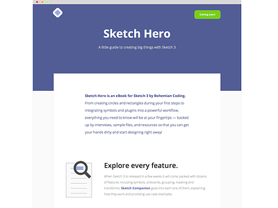 Sketch Hero bohemian coding coming soon ebook features landing page sketch