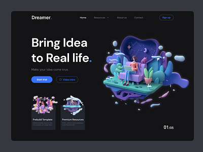 Dreamer UI concept 3d design landingpage ui web
