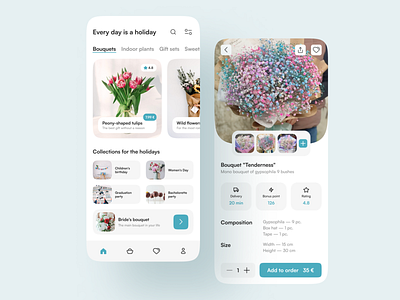 Flowers mobile app app design bouquets mobile concept design e commerce figma florist flower flower delivery flower shop flowers e commerce flowers mobile app graphic design illustrator minimal mobile app design order flowers ui ux vector