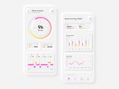 Sleep Tracker App activity app design dashboard design dream tracker figma health app heart rate meditation mobile neomorphism relax skewomorphism sleep sleep sound sleep tracker track sleep ui ux white