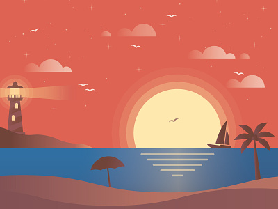 Summer Has Ended... flat gradient illustration lighthouse scenery sea simple sky summer sunset vector