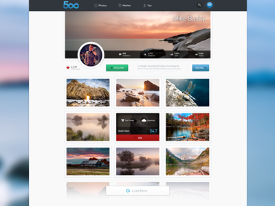 500px Concept Profile Page 500px buttons circular avatar concept cover image icons mikebusby profile ui user interface