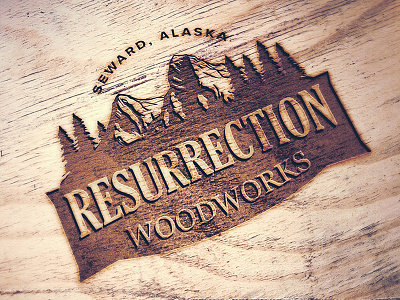 Resurrection Woodworks alaska branding logo mountain trees wood woodworking
