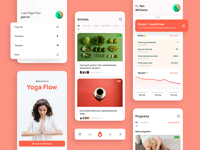 Yoga Flow - APP app application asan asans design flow meditation mobile mobile app nutrition orange profile shadow ui ux visual yoga