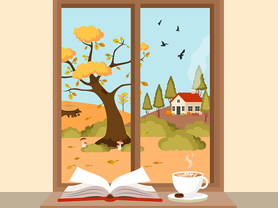 Fall Through the Window art autumn autumn leaves composition designer drawing fall fall colors falls flat illustration illustration art illustrator image landscape leaves nature vector vectorart vectors
