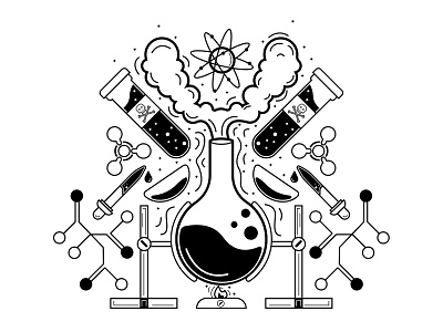 Mad Science atomic black white chemicals design element illustration lineart mad scientist nuclear science symmetry test tube thicklines vector