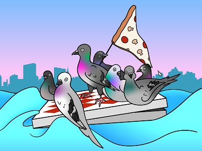 Pigeons Crossing the East River adobe creative cloud digital art digital illustration drawing illustration illustrator new york parody pigeons pizza wacom cintiq washington crossing the delaware