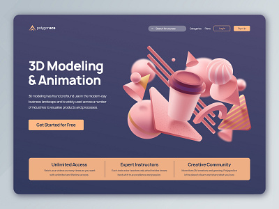 PolygonAce - Online Courses Landing Page 3d 3d courses animation dark theme online course ui ui design webdesign website concept