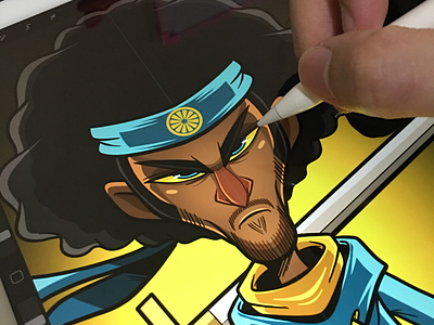 AfroLemon WIP afro black blue character design drawing gaming lemon mascot procreate samurai twitch video game yellow