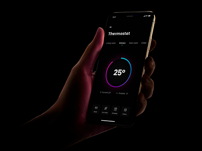 Thermostat home automation automatic home concept dark design hand home ios ios13 iphone mobile mockup product thermostat ui