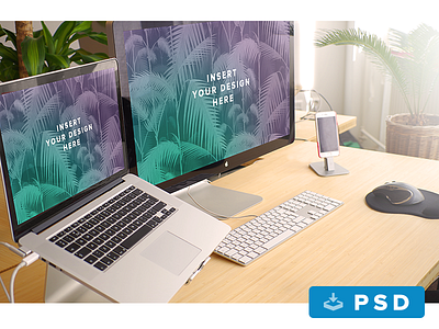 Bamboo Desk Mockup Screens apple bamboo desk display file free freebie layered macbook mockup psd screen