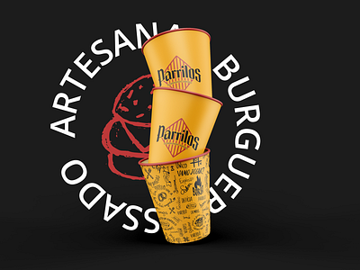 Applications of Parrilos Burguer in paper cups. branding cupes design estampa gless illustration ilustração lettering logo logodesign padrão tipografia vector