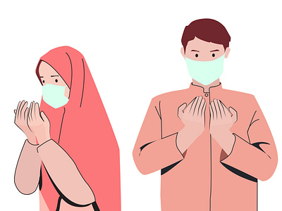 Muslim women and man praying while wearing mask