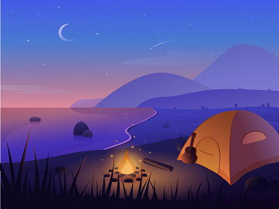 Morning landscape coast dawn hike illustration landscape light morning night sky the mountains vector