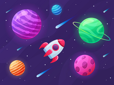 Cartoon space with planets galaxy illustrator planets rocket space spaceship universe vector