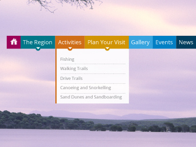 Multicoloured Menu with Dropdown coloured dropdown menu multi nav navigation tourism