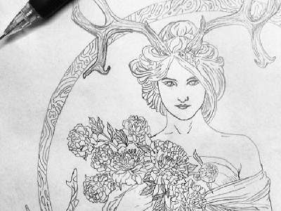 Antler art nouveau atlers drawing mucha pencil peony sketch tarot wood