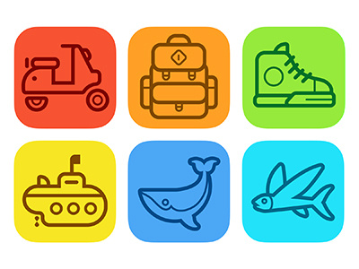 Travel icon app bag color fish icon logo shoe submarine travel trip vespa whale