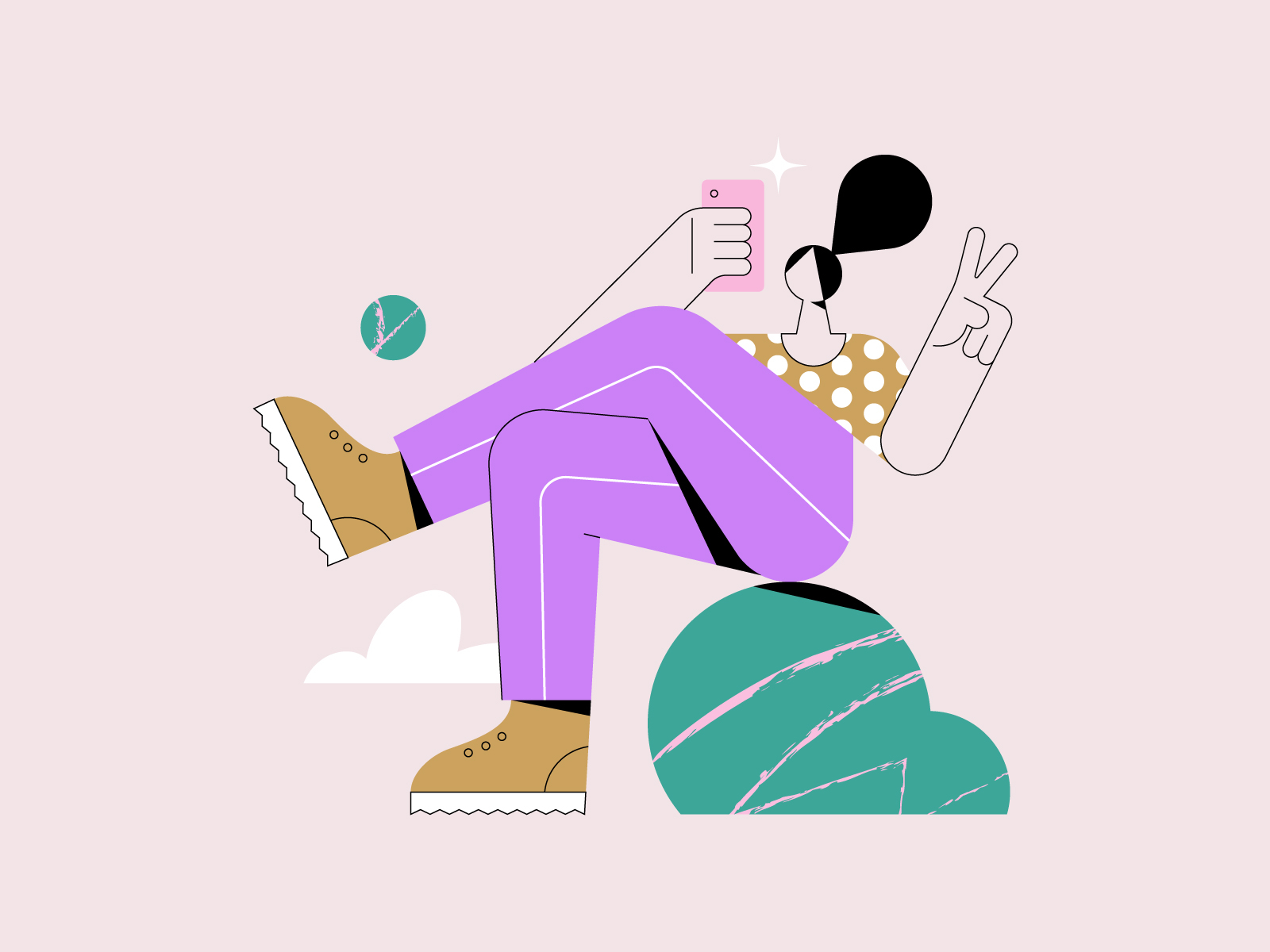 Selfie character design fashion flat girl illustration leo alexandre minimal modern pastel colors person pose selfie sitting smartphone vector woman