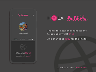 Hola Dribble!! debut hello dribble interface minimal mobile app shot softui ui design ux design