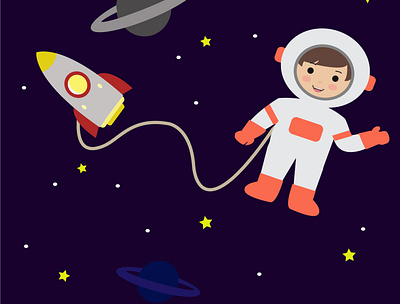 Astronaut In Space With Rocket character chidren design flat galaxy illustration vector