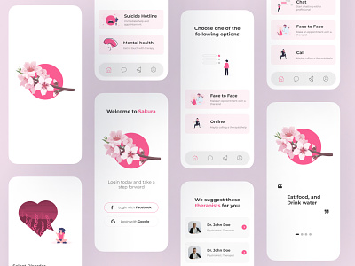 Sakura - Mental Health App agency app application branding company cool design landing page login page mental health mobile mobile app pink search page simple therapist therapy ui white