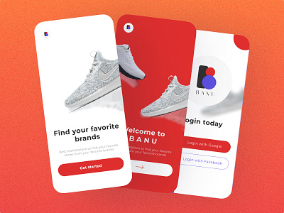 B A N U : shoe ecommerce app add to cart addidas app app ui ecommerce ecommerce app home page landing page login page mobile app nike online shopping product design red shoe shop now shopping app ui ux white