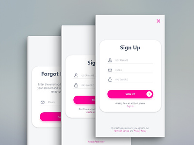 Sign Up, Sign in and Forgot password screen