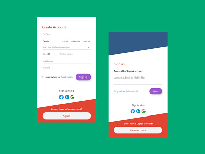 Sign Up, Login screen for Cajobs App flat design job app photoshop static design