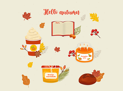 Hello autumn autumn bread candle graphic design lattee leafs marmelade orange pumpkin rye spices