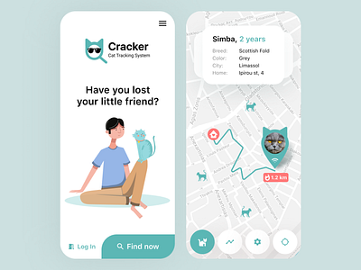 Cracker – Cat tracker app address animal app app design cards cat cats clean gps gps tracker help light map menu minimalistic pets picker search street tracking app