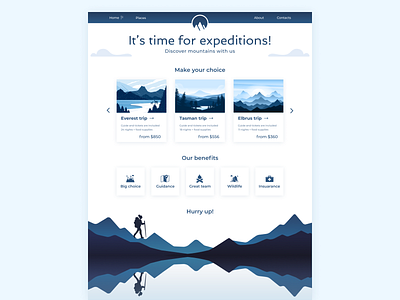 Landing page. Expeditions adventure card design chooser clean dark blue hiking icon set illustrations light menubar minimalistic mountains price travel whitespace